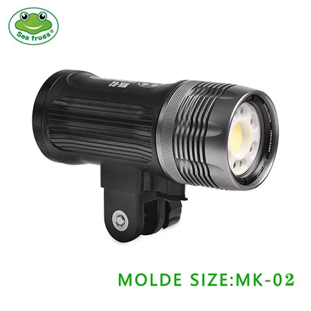 MK-02 black cylindrical LED underwater photography light with metal mount, textured handle, and front lens array.