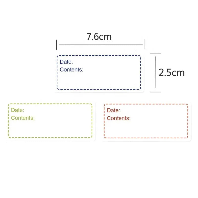 Roll of date and contents labels with size 7.6 x 2.5 cm shown