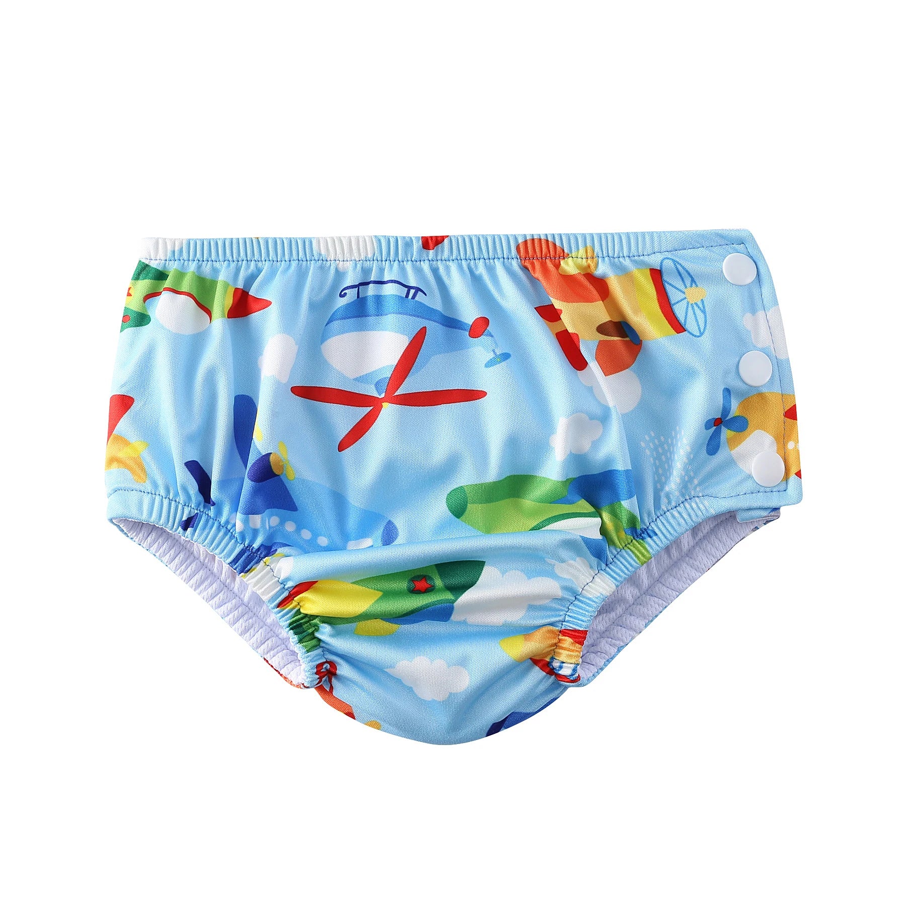 Reusable baby swim diaper in blue with colorful airplane and helicopter print, featuring adjustable side snap buttons.