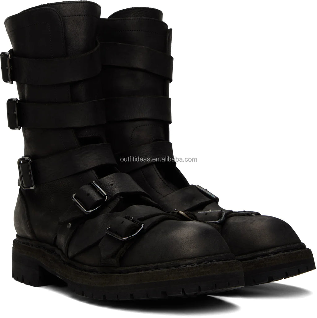 2023-24AW Pour Homme Yohji Yama Boots Adjustable Buckle Straps Genuine Leather Calfskin Unisex Men Black Ankle Distressed Boots
