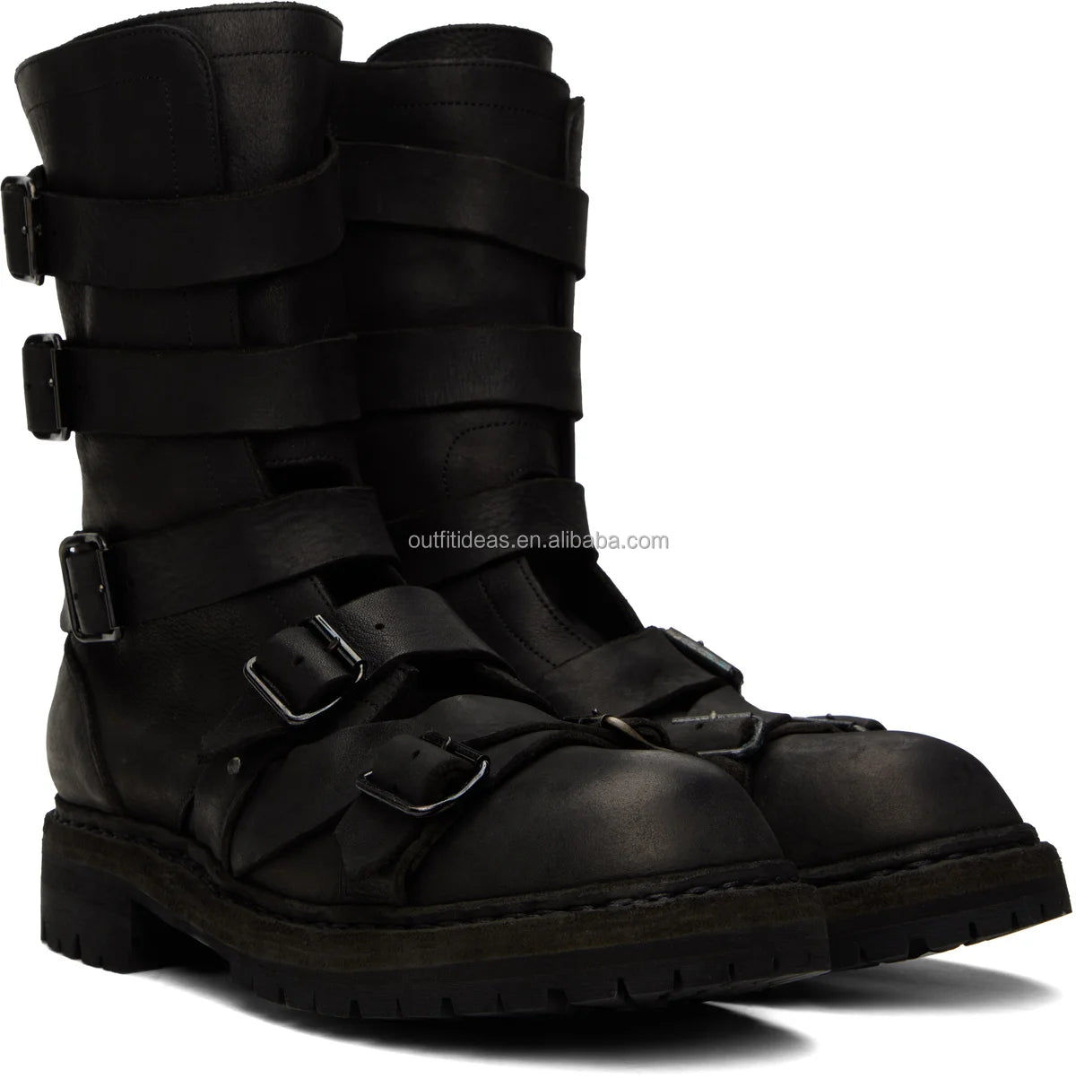 2023-24AW Pour Homme Yohji Yama Boots Adjustable Buckle Straps Genuine Leather Calfskin Unisex Men Black Ankle Distressed Boots