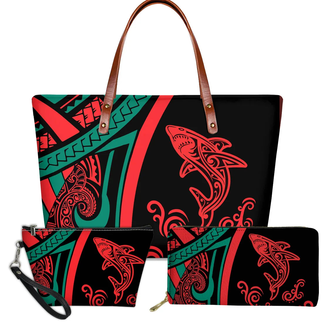 3-piece handbag set with black, red, and green Polynesian shark tribal print, leather straps, and zip closures.
