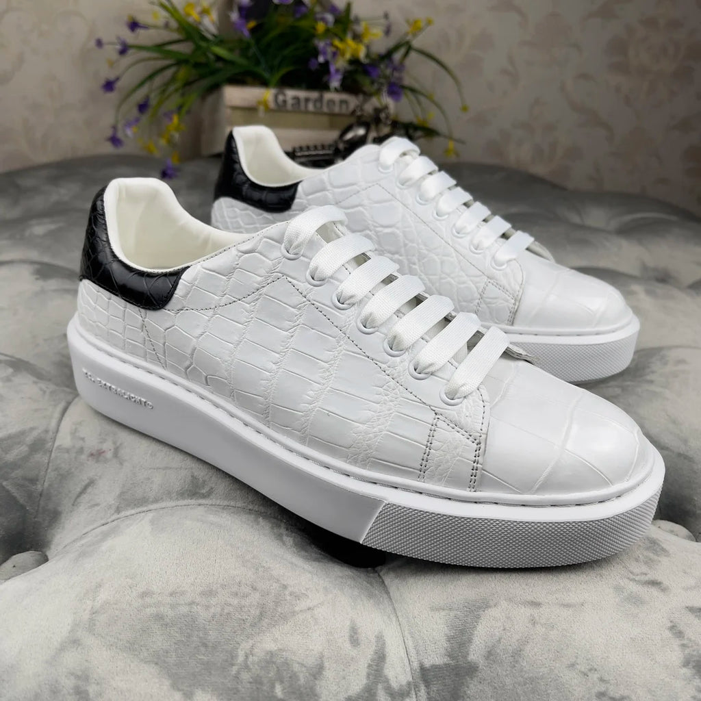 Handmade White Sneakers Alligator Leather Shoes Flat Skateboard Skater Shoes Wholesale Stylish Luxury Casual Shoes Men