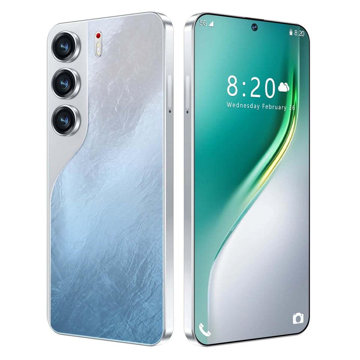 Tecno Camon 40 5G smartphone with light blue back and triple rear cameras; green screen