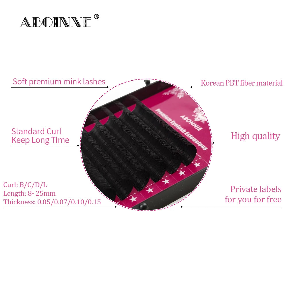 Abonnie black premium mink lash extensions in a tray, highlighting Korean PBT fiber material and long-lasting curl.