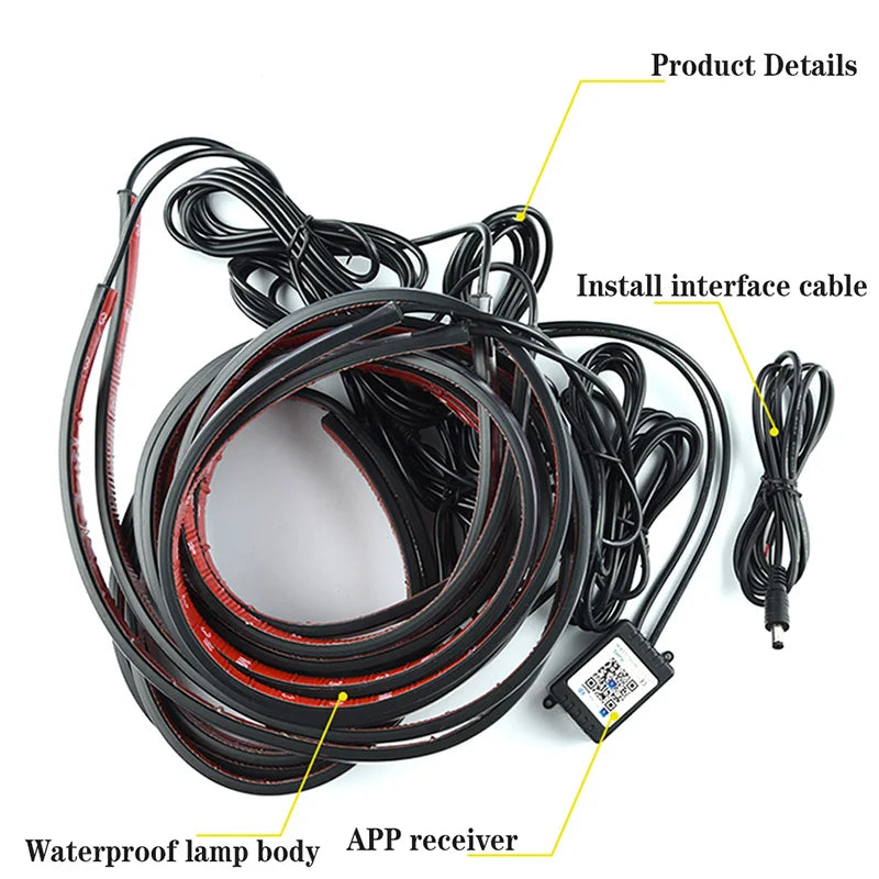 Flexible waterproof LED strip with adhesive backing, app control receiver, and connecting cables for vehicle lighting.
