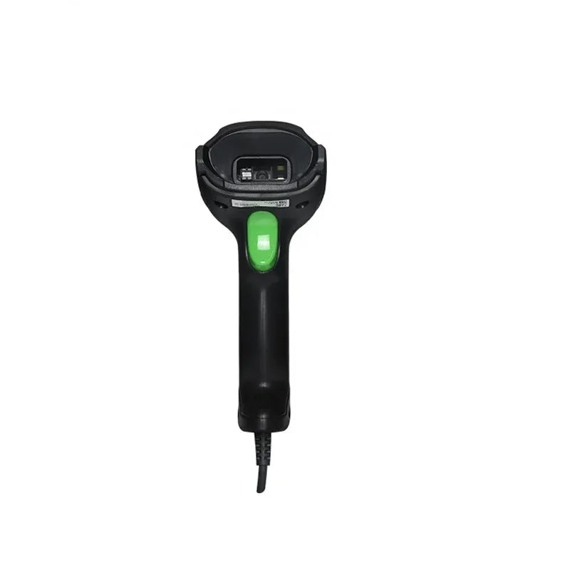 Rear view of handheld wireless barcode scanner with green status window and port panel