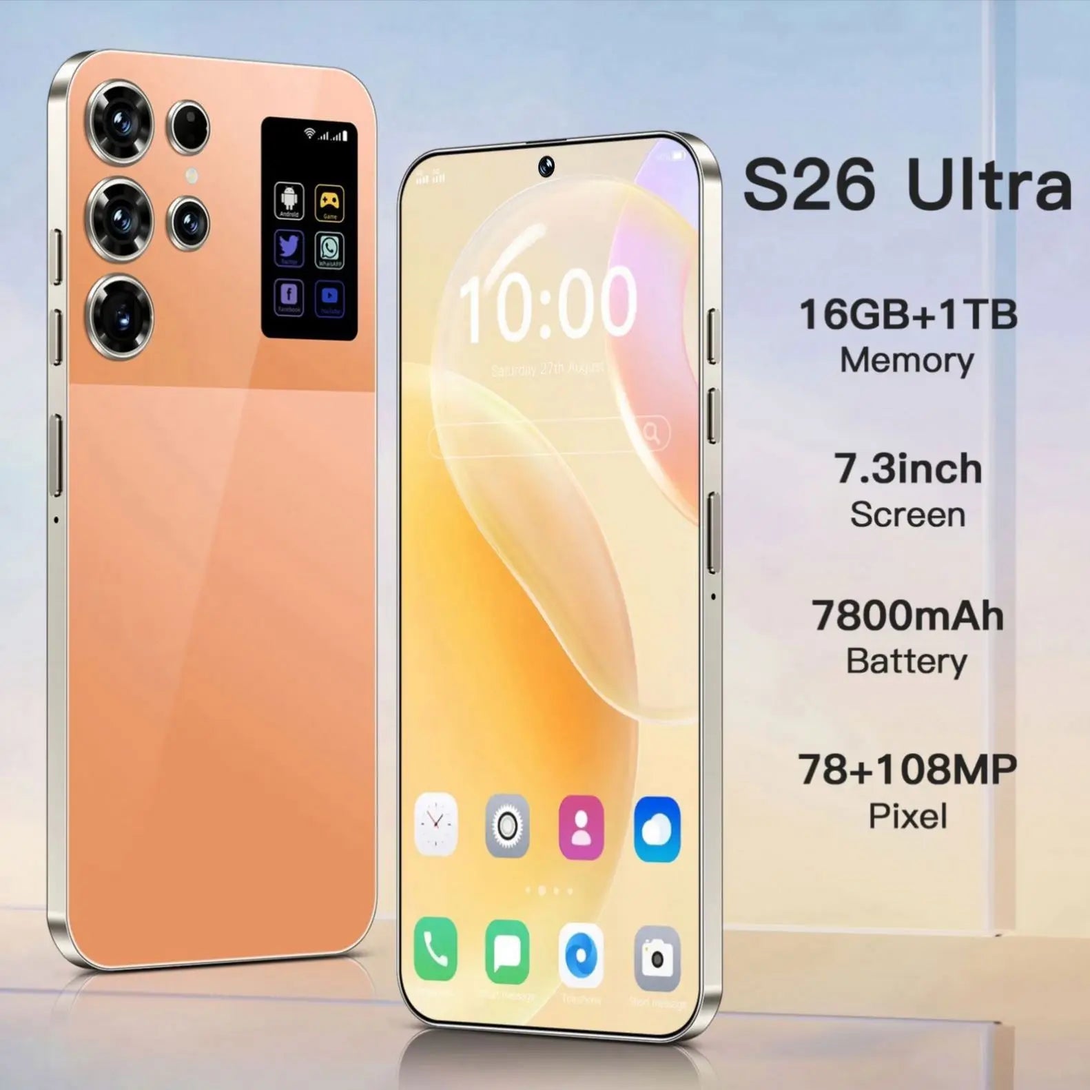 Close-up of Tidesmit S26 Ultra 5G smartphone showing sleek metal frame, charging port, and integrated stylus slot.