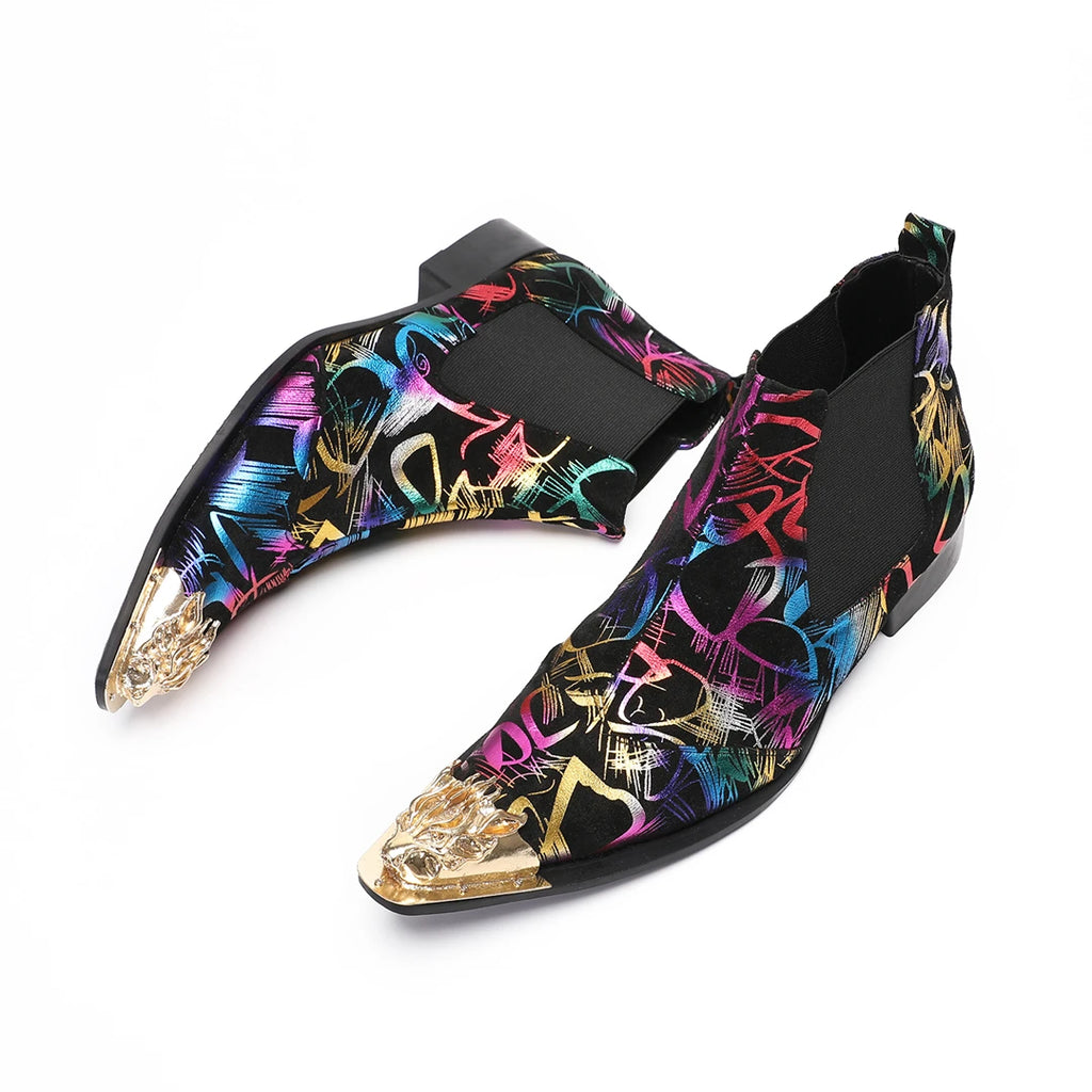 NA948 Pattern Boots for Men Metal Decor Leather Western Men's Boots Street Style Man Shoes