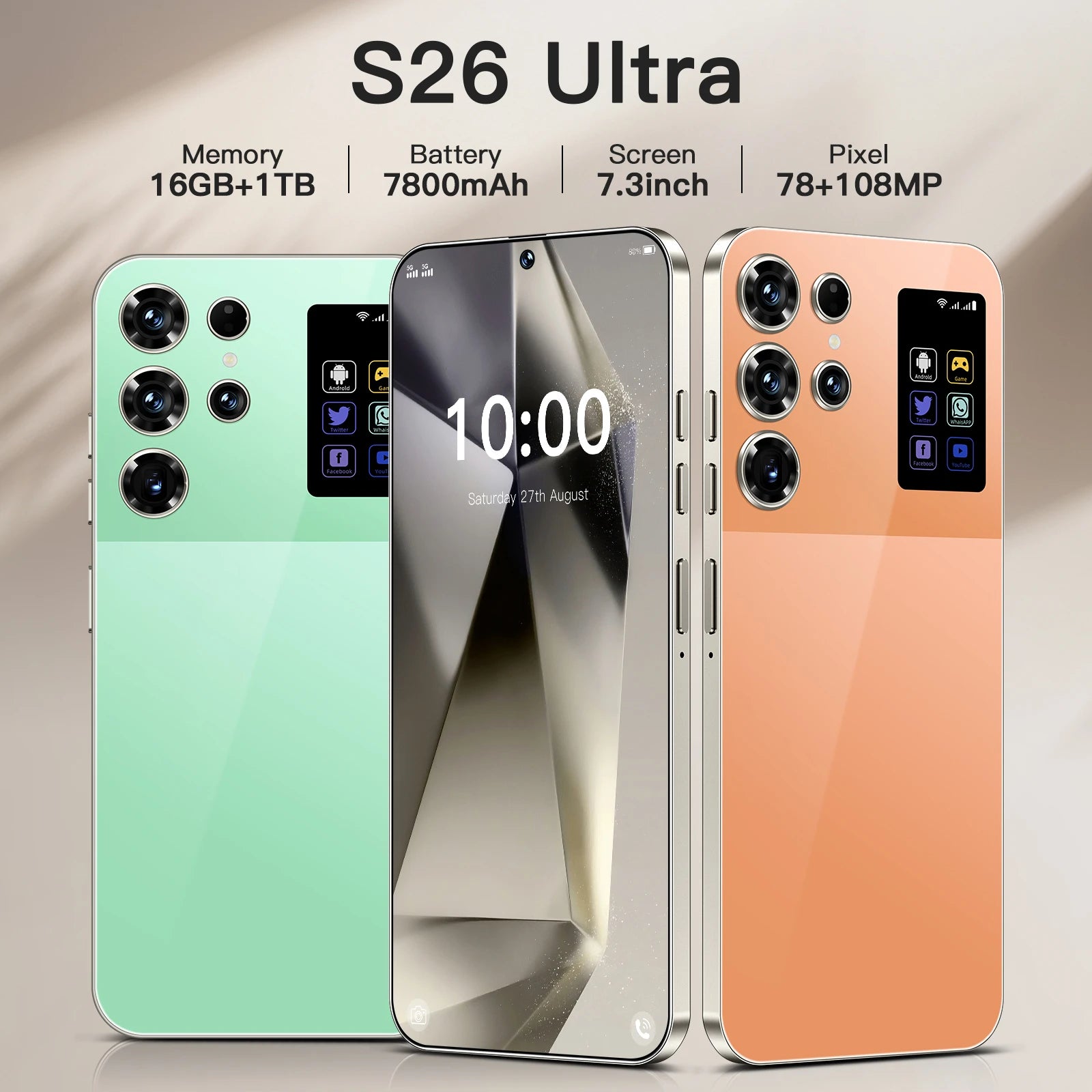 Tidesmit S26 Ultra 5G Android 14 smartphone featuring 16GB RAM 1TB storage and a 7.3 inch HD display