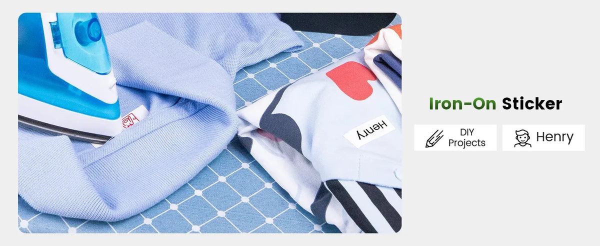Iron-on sticker on light blue fabric with printed motif and label area