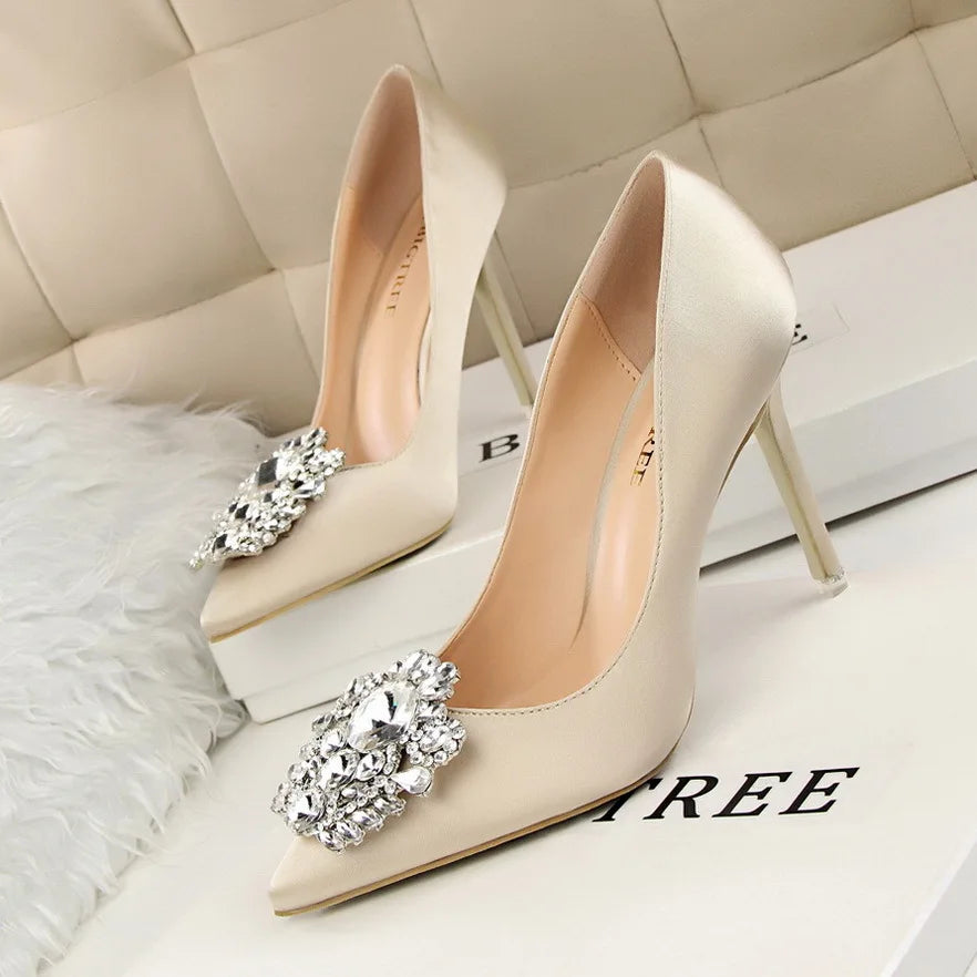 2026 New Water-Crystal Thin Heels Slip-On Solid Women's Sexy High Heel Office Formal Dress Shoes 10cm
