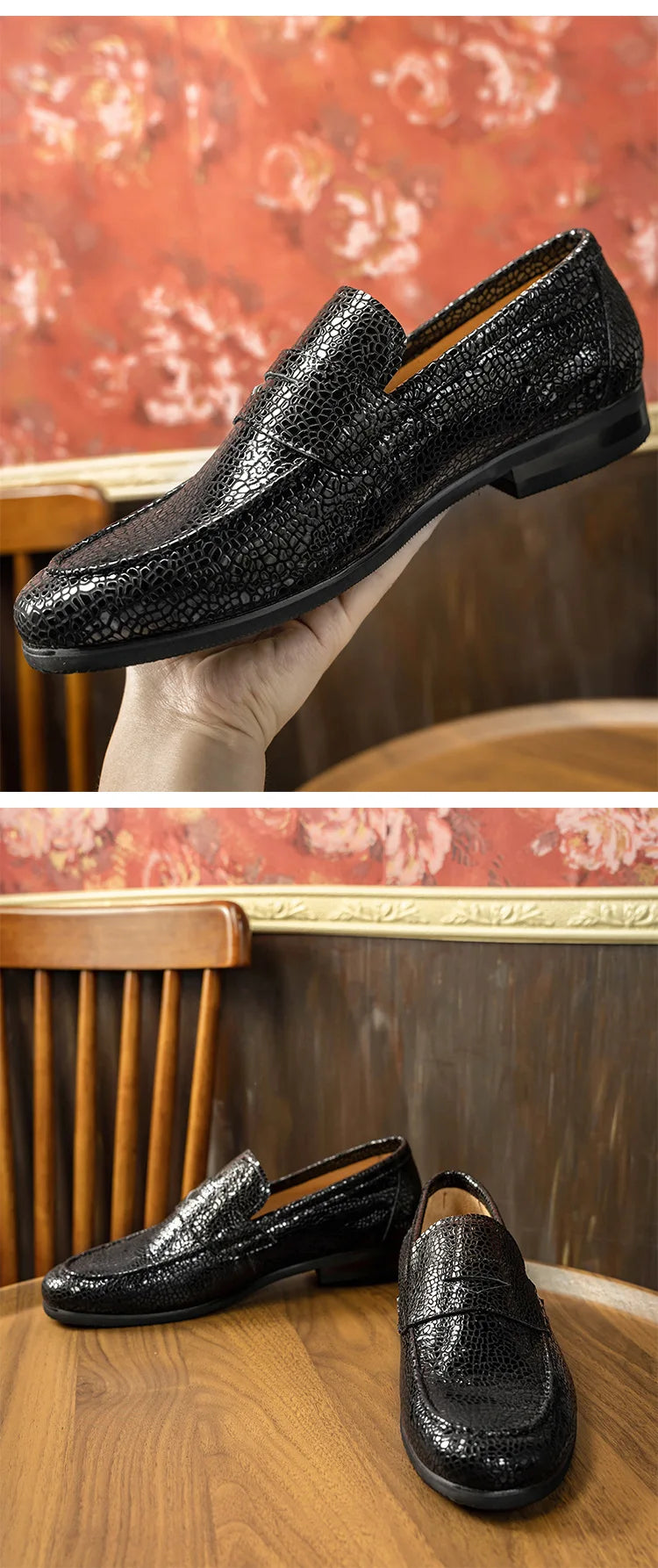 Men's Loafers Office Casual Shoes Slip-On Summer Cowhide Geometric Pattern Genuine Leather Upper Rubber Outsole