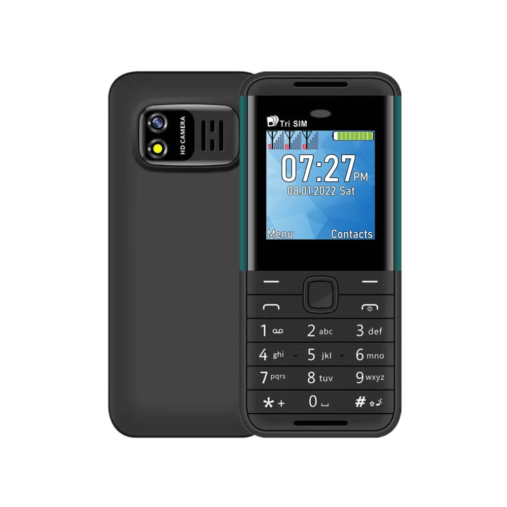 Mini triple-SIM feature phone, dark gray/black with keypad