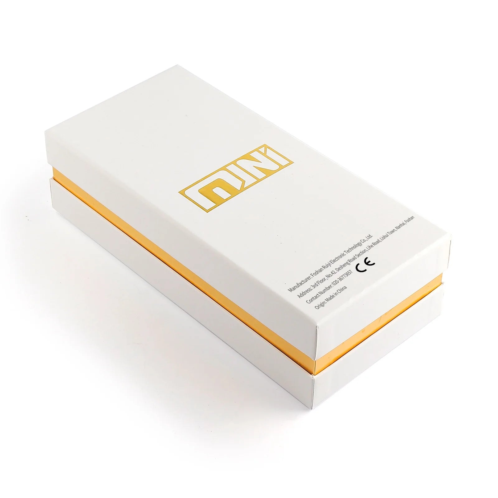 Rectangular white and gold product box for a Mini HIFU facial device with manufacturer info and CE mark on top.
