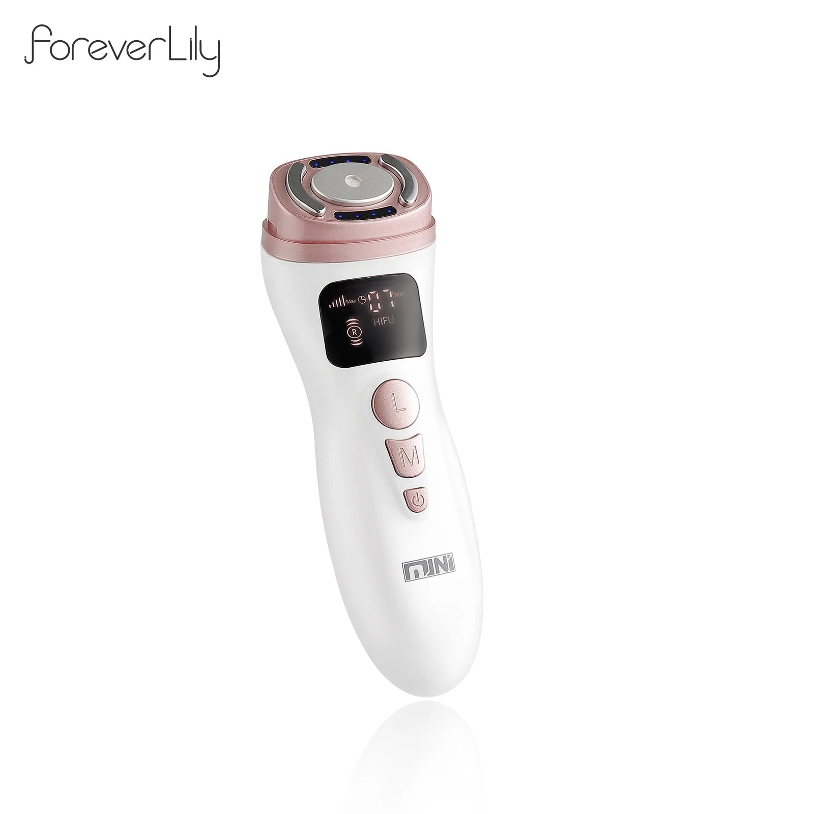 White and rose gold handheld HIFU facial tightening device with a digital display and three control buttons.
