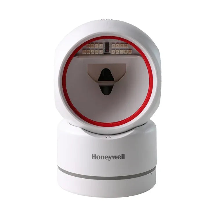 White Honeywell area-imaging USB barcode scanner on base with red scan ring
