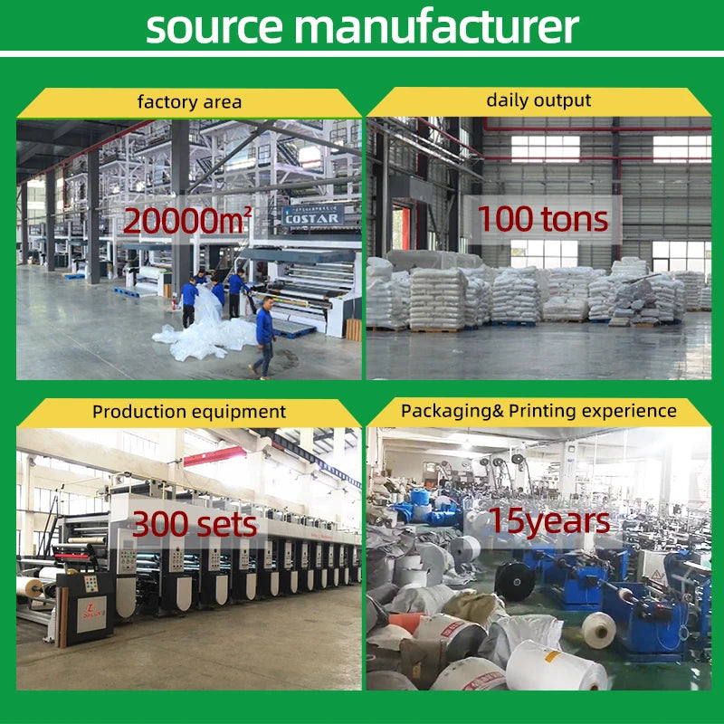 Packaging bag production setup with rolls and packaging equipment, plastic bag supply