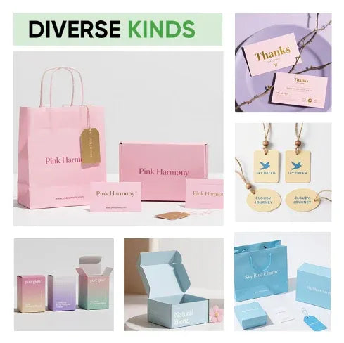 Assorted pastel packaging sticker designs in a diverse kinds collage