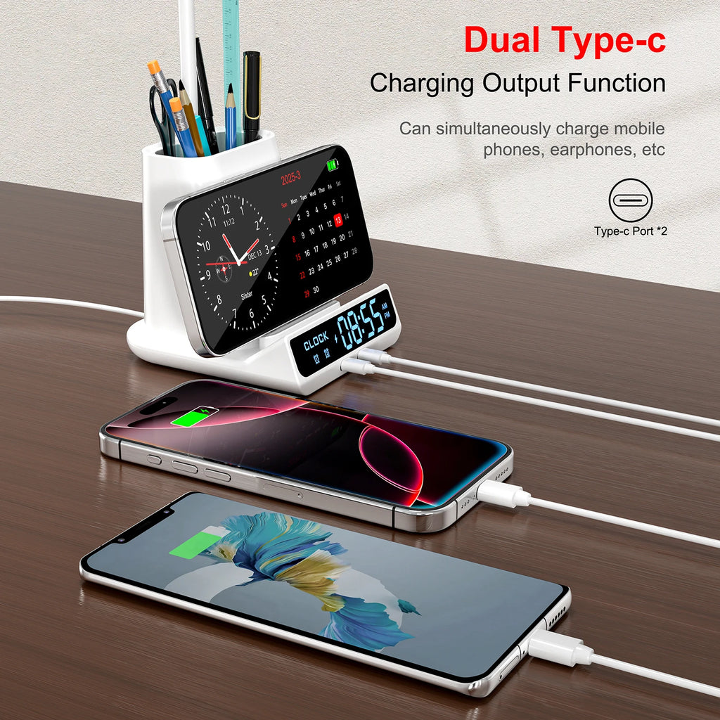 New Arrival 5-in-1 Multifunctional Wireless Charger Desk Lamp with Pen Holder Clock Display Sleek Design for Home Office Tidesmit