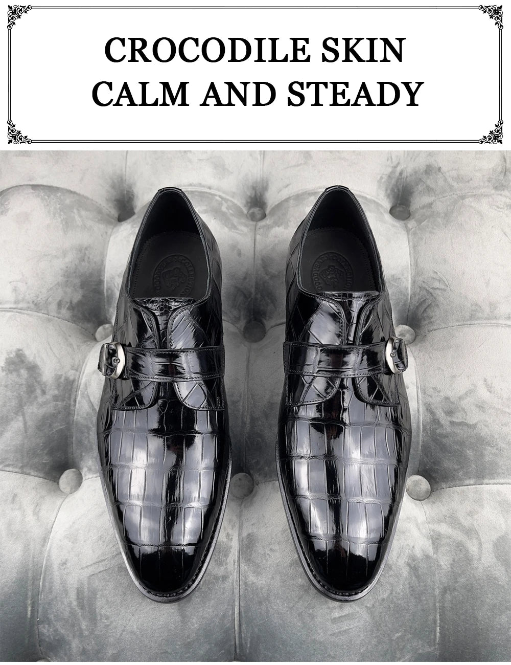 Newest Black Men Shoes Leather Comfort Slip-On High-end Handmade Men Dress Shoes Monk Strap Genuine Crocodile Leather Men Shoes