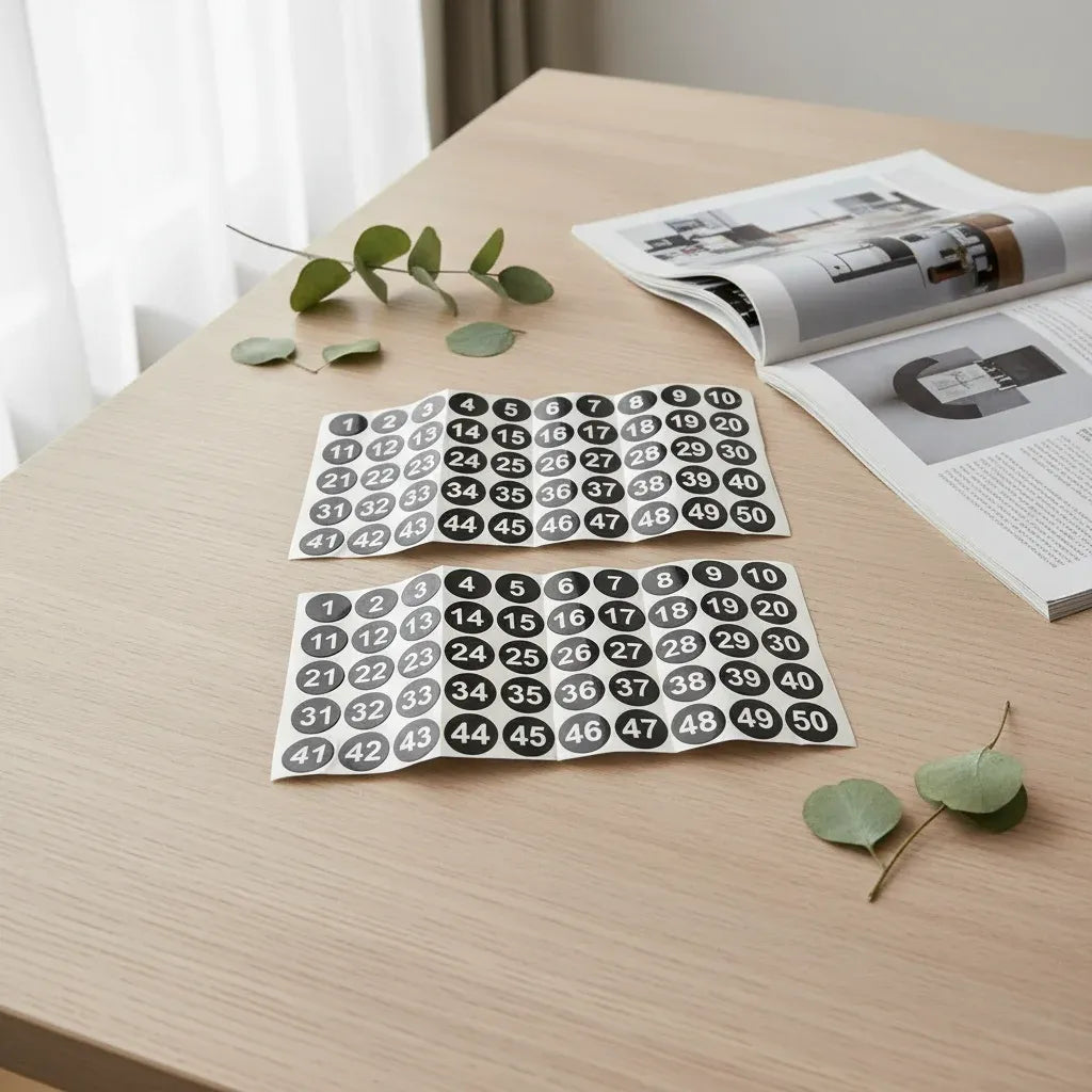 Self-adhesive numbered round stickers on sheet, black circles with white numbers 1–50