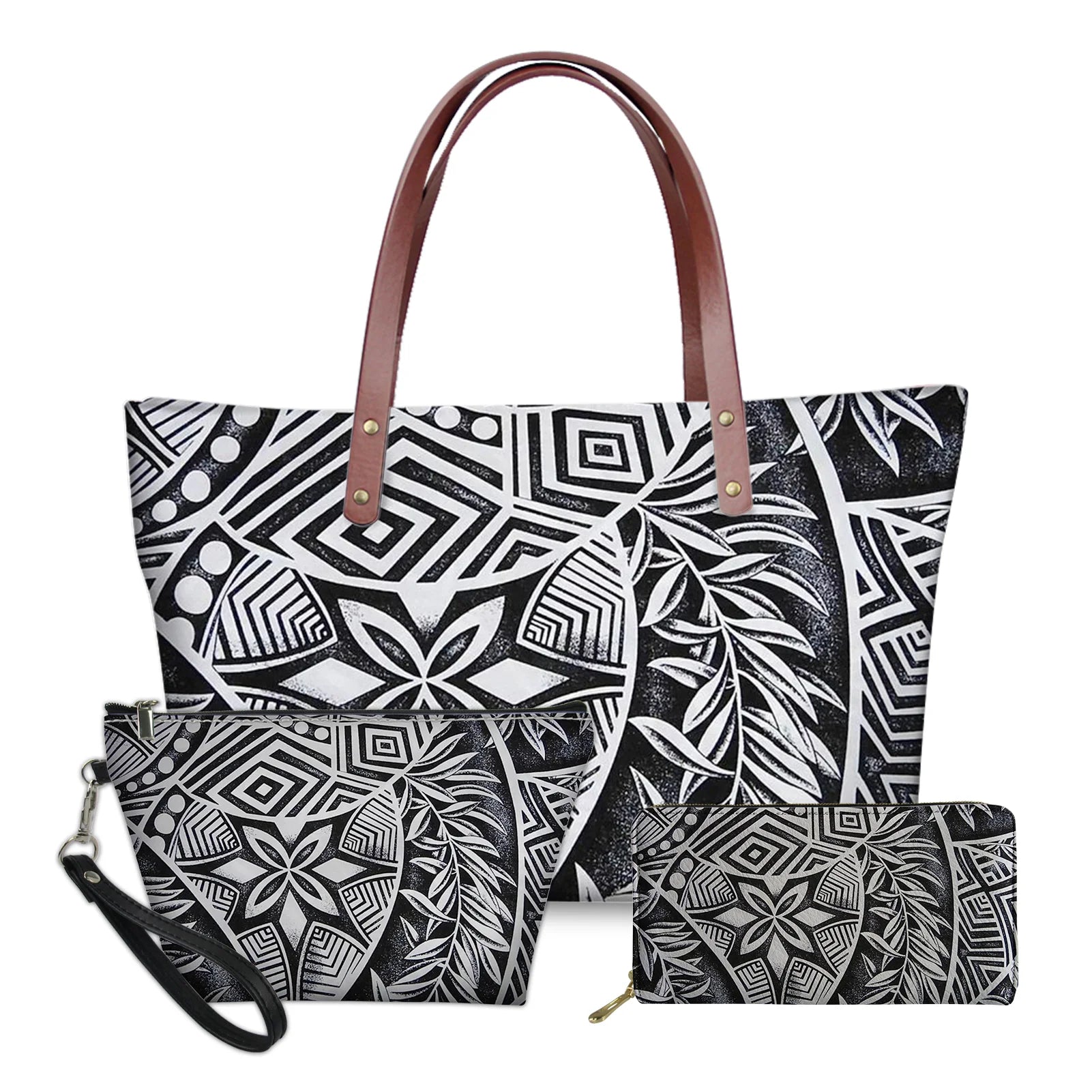 3pc handbag set with black and white Polynesian tribal turtle and floral print, brown leather handles and zippers.
