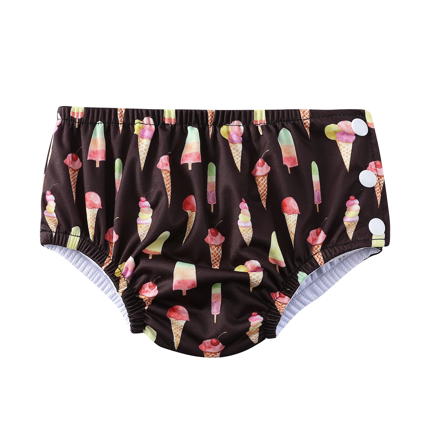 Reusable baby swim diaper in dark brown with colorful ice cream cone pattern and side snaps for easy changes.