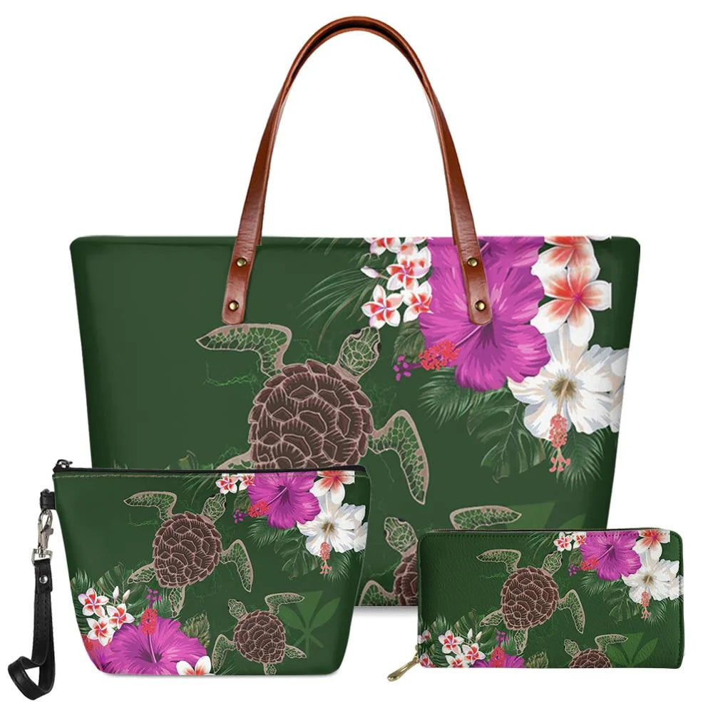 3-piece green handbag set with Polynesian turtle and floral print, brown leather handles, and matching wristlet/wallet.