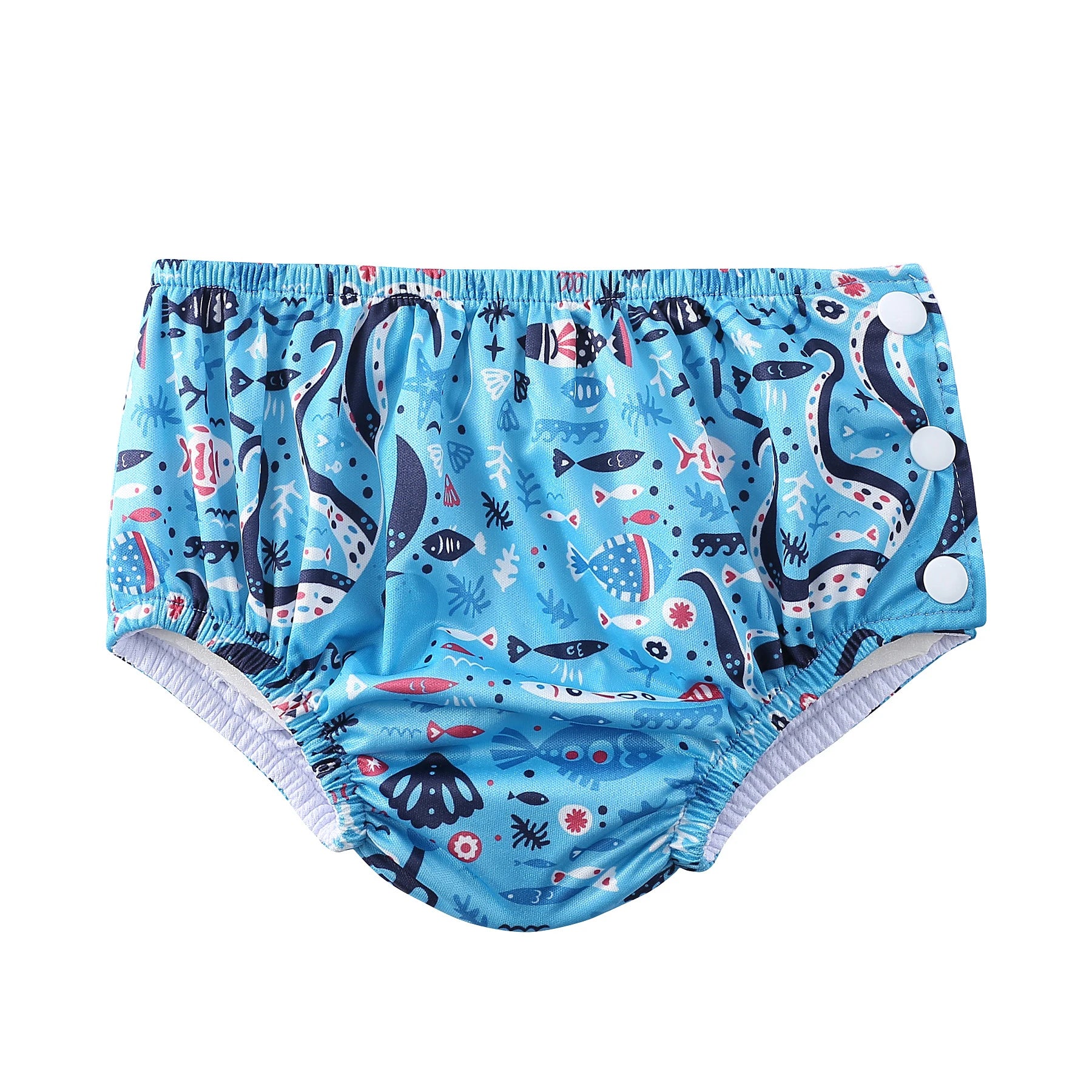 Reusable baby swim diaper with ocean creature pattern and side snaps for adjustable fit.