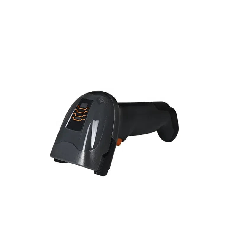 Handheld barcode scanner side view with scan window and black grip