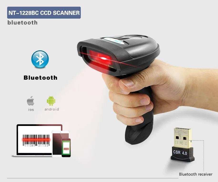 Handheld black Bluetooth 2D barcode scanner with red laser beam and front window
