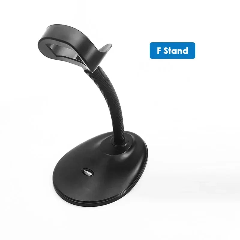 Black handheld barcode scanner with flexible stand base and cable