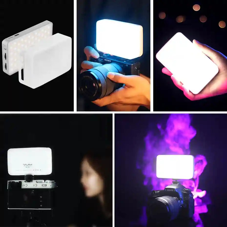 Portable LED video light with white silicone diffuser, rectangular, mountable on cameras for photography and vlogging.