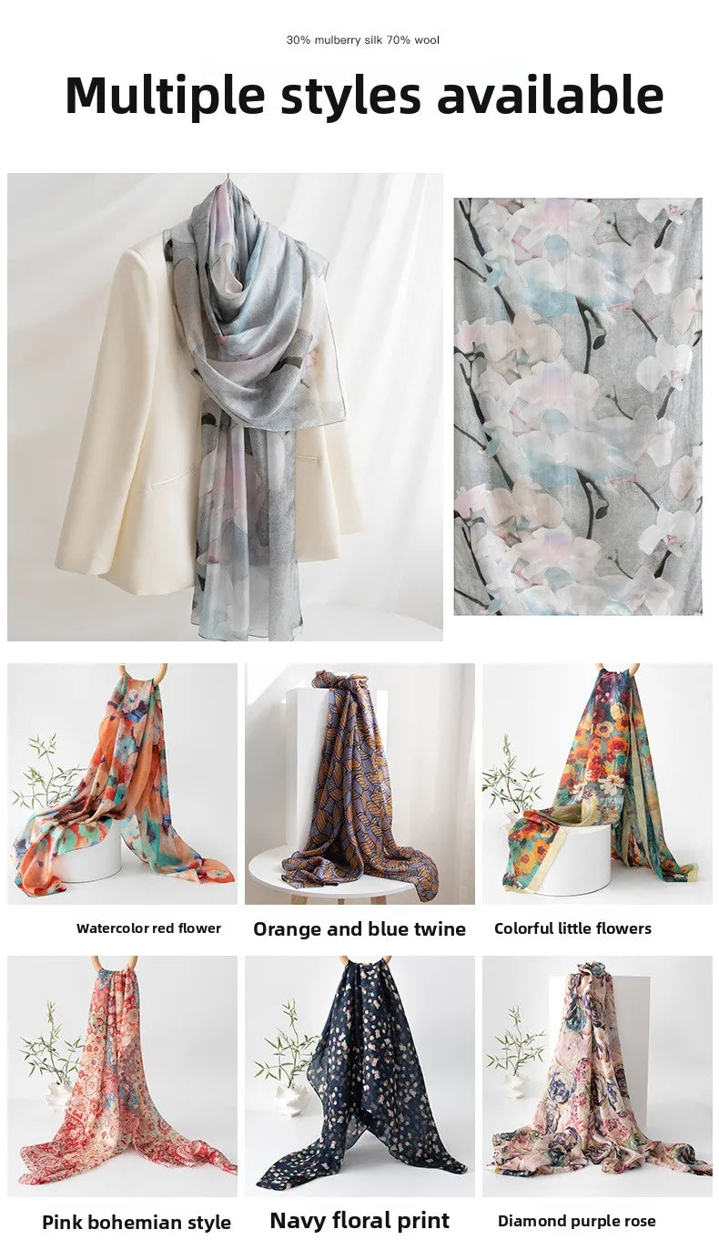 Carefully Selected Hangzhou Silk Scarf Women Long Mulberry Silk Shawl Ink-wash Peony Print Vintage Style Premium Feel Spring