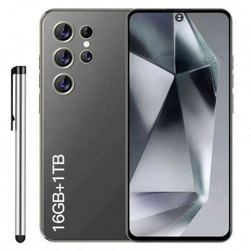 Dark gray 5G Android smartphone with quad rear cameras and large front display.