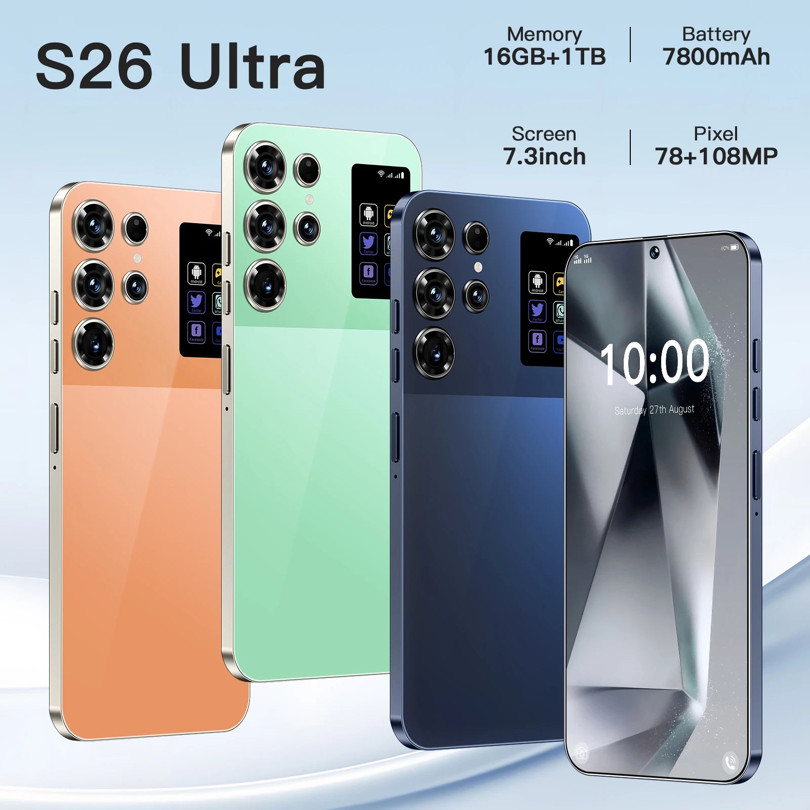 S26 Ultra Android 14 5G smartphone with 7.3 inch HD screen and 108MP camera, side view
