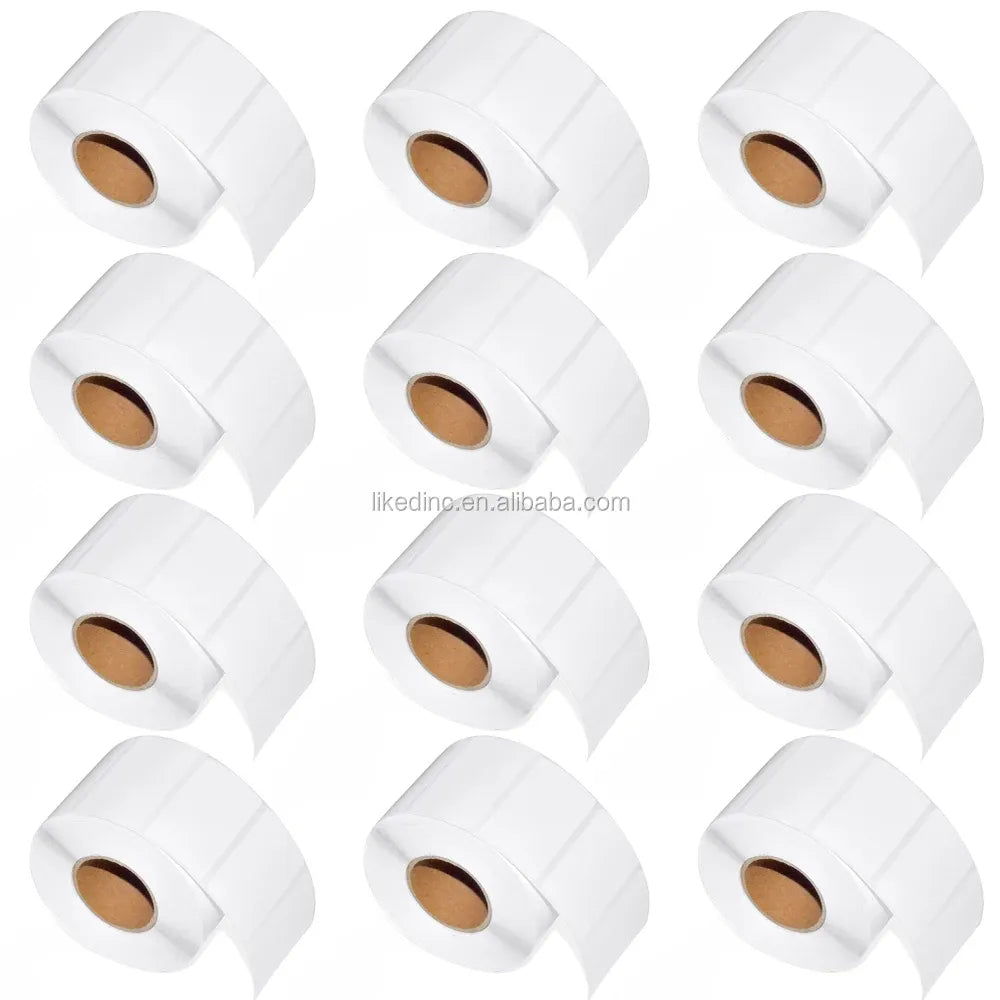 Assorted white direct thermal self-adhesive shipping label rolls, visible cores