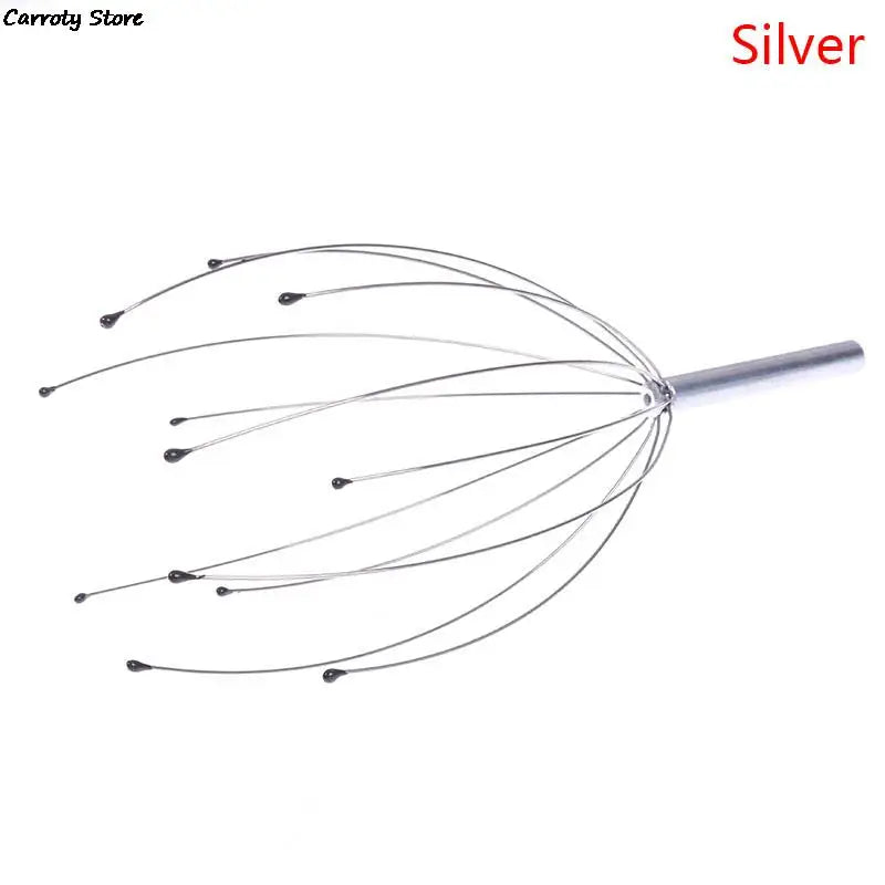Silver octopus scalp massager with wire claws for anti-stress head relaxation and headache relief.
