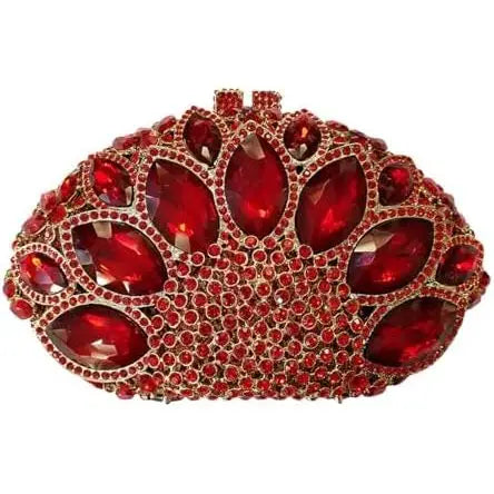 Red rhinestone crystal clutch purse, luxury evening handbag with marquise-cut gems for formal cocktail events.