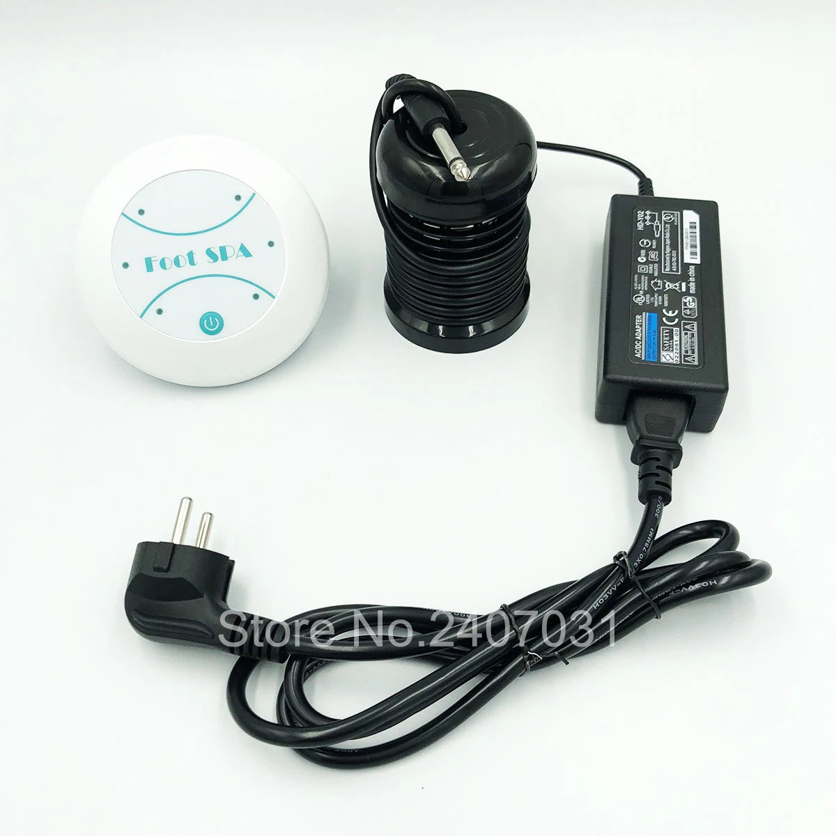 Electric detox ion foot spa machine with control unit, black round array, power adapter, and plug on white background.