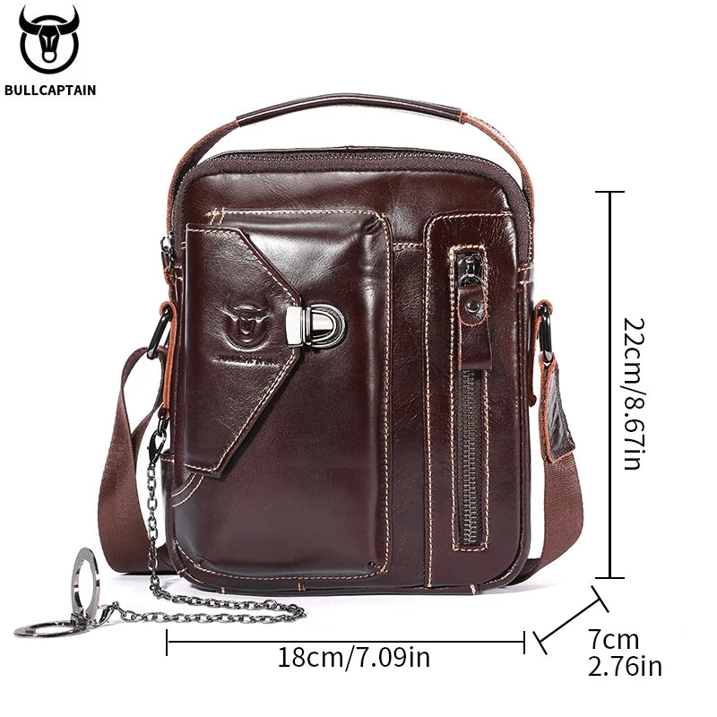 BULLCAPTAIN Genuine Cowhide Leather Men's Crossbody Bag - Vintage Top Layer Cow Leather Sling Bag, Single Shoulder Handbag