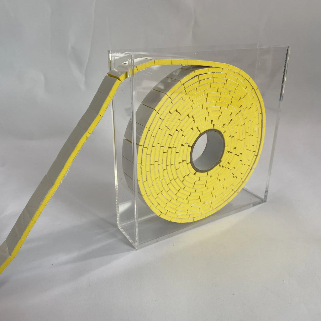 Yellow EVA foam tape roll with self-adhesive backing and interwoven strip edge