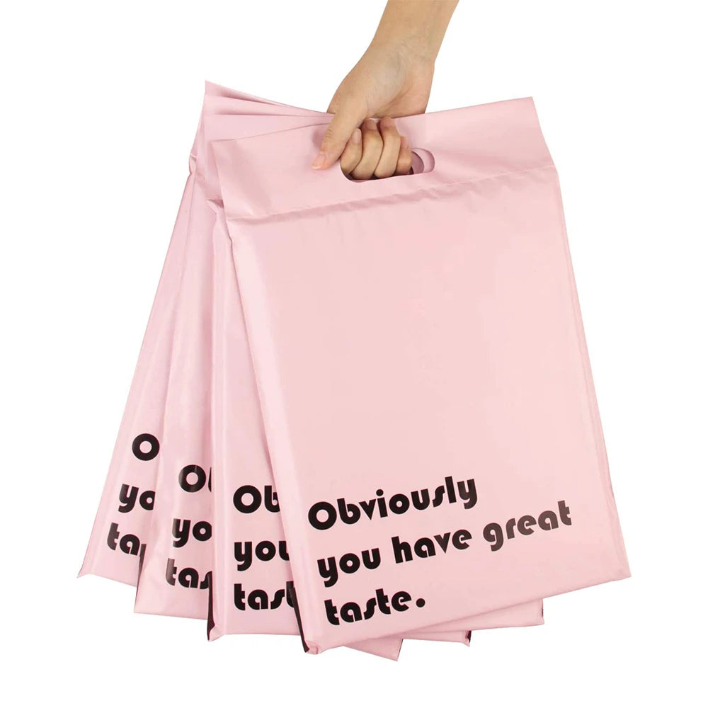 Pink poly mailer shipping bags with printed “Obviously you have great taste” slogan