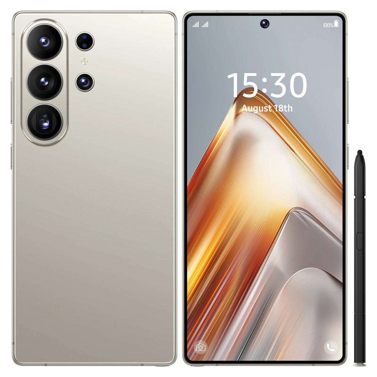Silver smartphone with triple camera array and front display with orange streak wallpaper