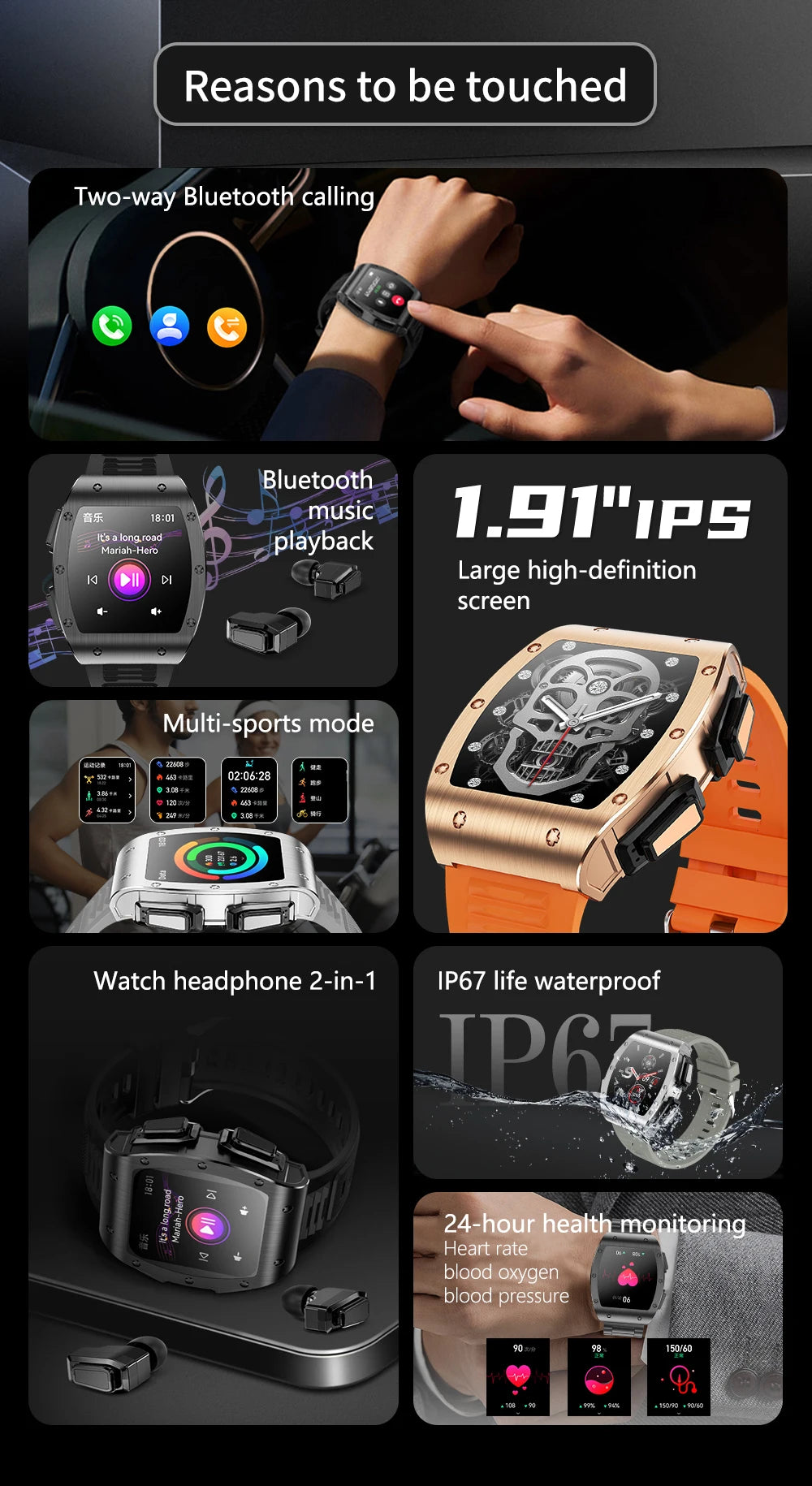 Jm09 2-in-1 TWS Smart Watch Wireless Earphones IP67 Waterproof Blood Oxygen Monitor Compass for Men's Sports Smartwatch Earbuds Tidesmit