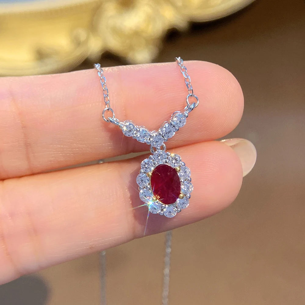 Natural Red Ruby Pendant Necklace S925 Sterling Silver Fine Jewelry for Women Fashion Gemstone Charm Anniversary Gift Wholesale