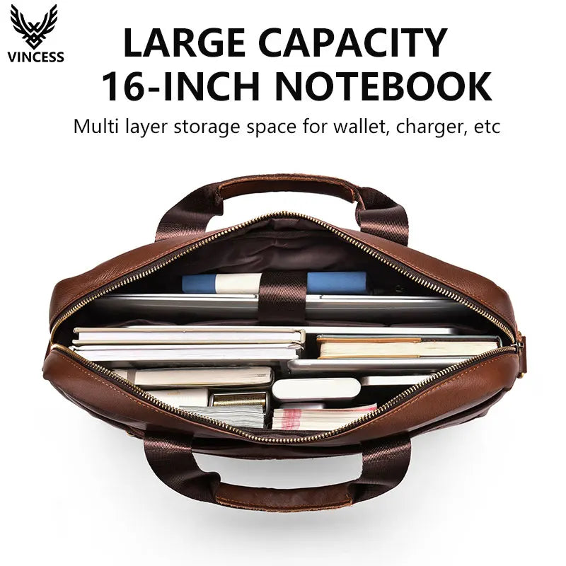 VINCESS Genuine Leather Zipper Closure Business Briefcase Office Executive Lawyer Handbag Men Bag Laptop Computer Crossbody Bag