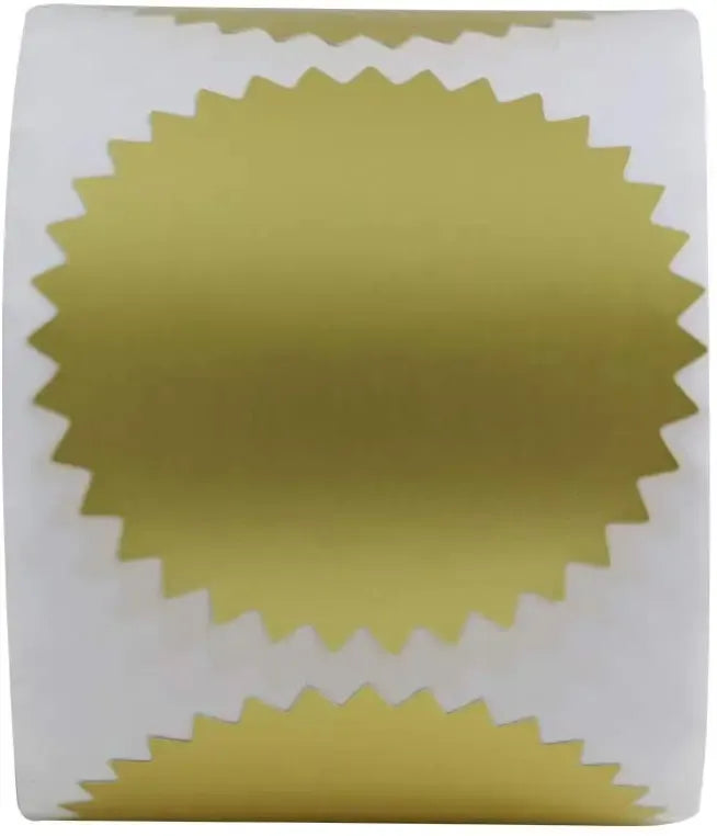 Gold foil round label roll on white backing, zigzag edge detail