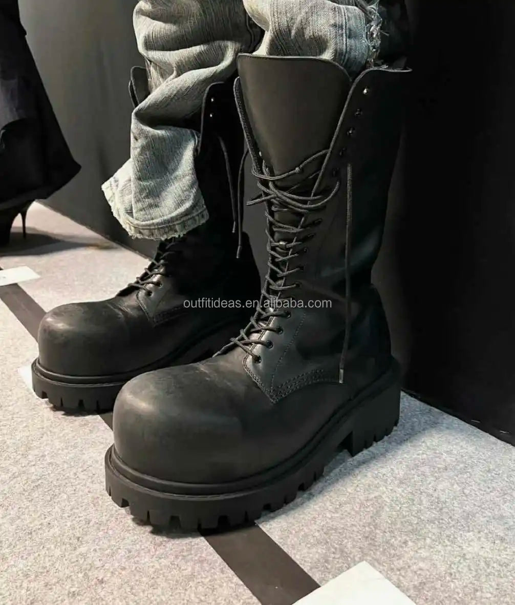 Extra Round Toe Lace-up Metal Logo Winter Dress Shoes Luxury Unisex Calf Leather Men Alaska Boots Men Stomper Chunky Derby Shoes